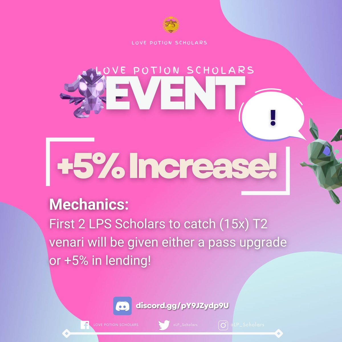 LP_Scholars's tweet photo. GoodMorning Scholars!🌞

LPS is having an event right now and any LPS scholars can and may join!

Mechanics: The first 2 LPS Scholars to catch (15x) T2 Venari will be given either a pass upgrade or a +5% in lending! 

Want to be a scholar? Join our disorder server. See you there! https://t.co/y2cvuWQW80