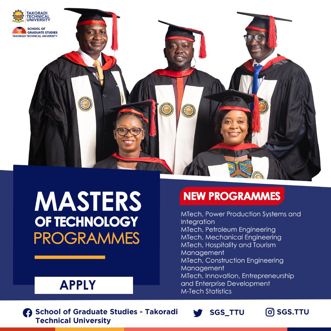 SGS_TTU's tweet photo. MASTERS OF TECHNOLOGY PROGRAMMES
Admissions Open!
.
.
APPLY NOW!
.
#mastersoftechnologyprogrammes #newprogrammes #sgs_ttu #takoraditechnicaluniversity https://t.co/0mpSCZgIxx