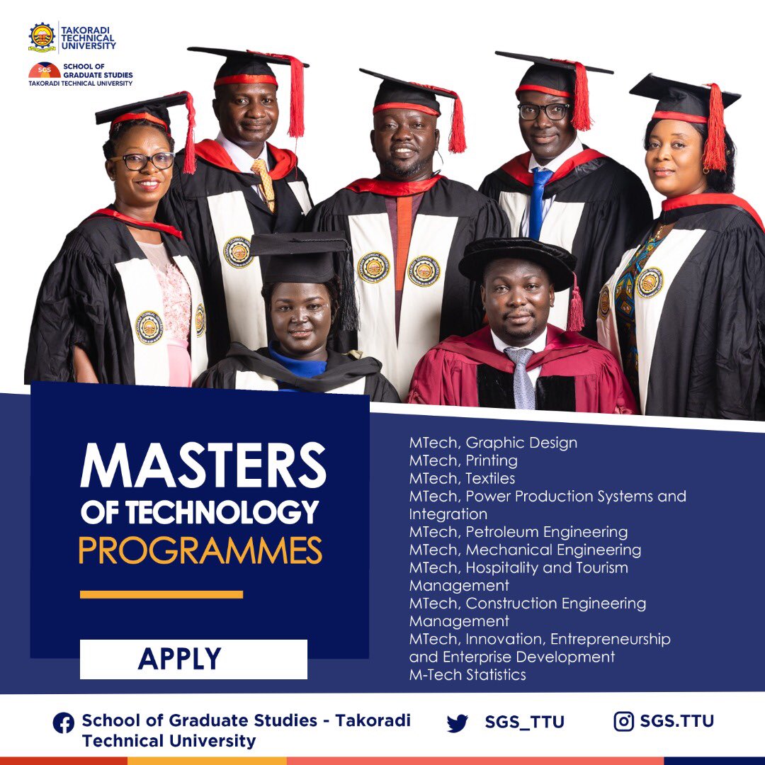 SGS_TTU's tweet photo. MASTERS OF TECHNOLOGY PROGRAMMES
Admissions Open!
.
.
APPLY NOW!
.
#mastersoftechnologyprogrammes #newprogrammes #sgs_ttu #takoraditechnicaluniversity https://t.co/0mpSCZgIxx
