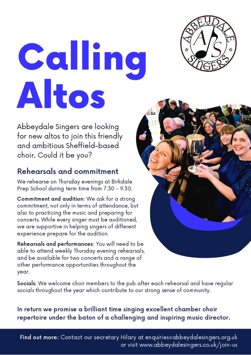 We're currently recruiting altos! If you'd like to join a friendly, ambitious Sheffield-based choir find out more at abbeydalesingers.co.uk/join-us