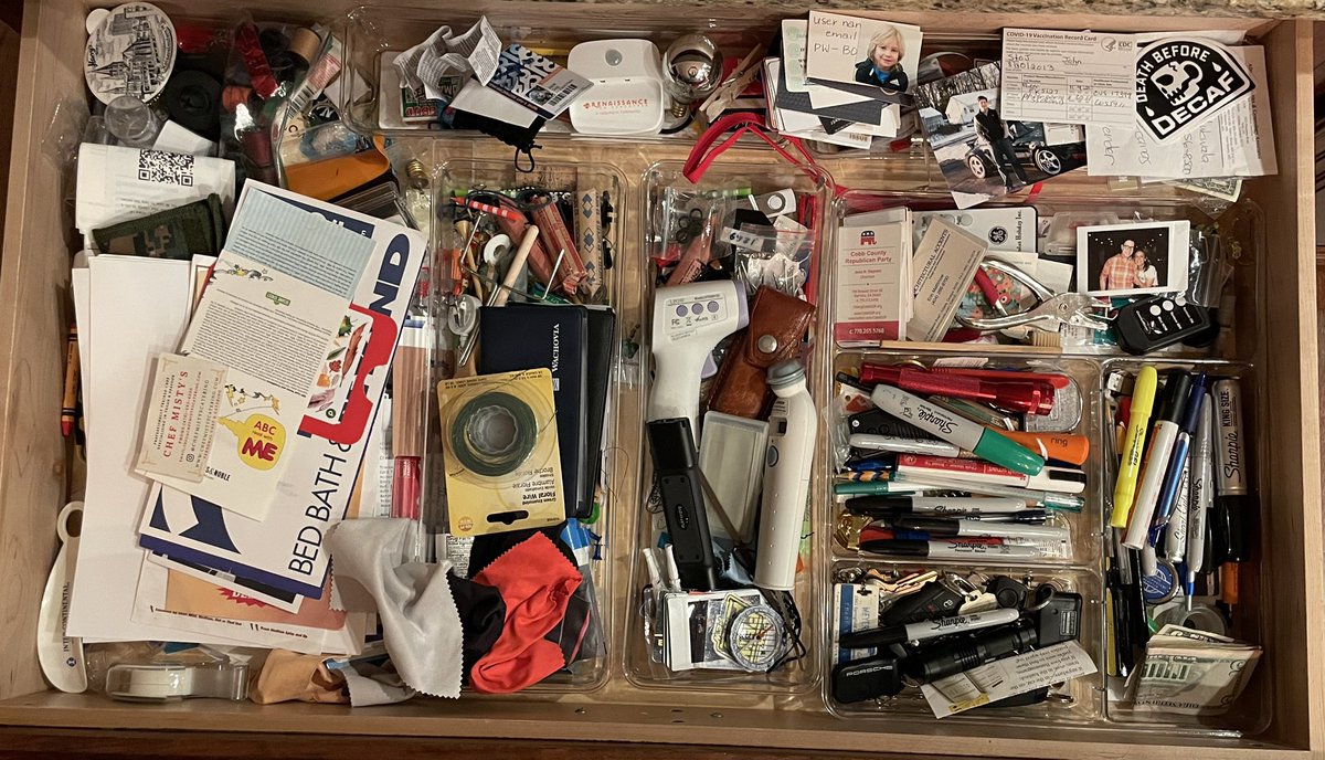 StojBoj's tweet photo. Cleaned out the junk drawer Sunday. Trust me, it was so much worse. Threw away a ton of stuff we hadn’t used in years. Naturally, today the boy needs the stash of stickers I trashed for a school project. Lesson: #nevercleanup https://t.co/DePSaThlWT