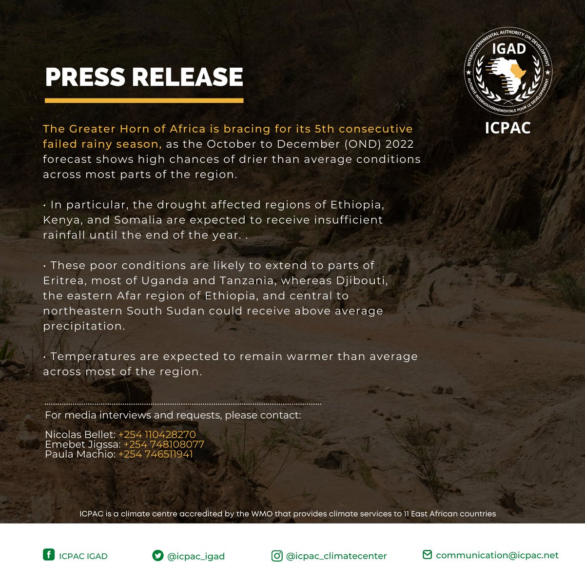 ℹ️  #GHACOF62 PRESS RELEASE

The Greater #HornofAfrica is bracing for a 5th consecutive failed rainy season.

🌤️ The October to December (OND) 2022 forecast shows high chances of drier than average conditions across most parts of the region.

Read more ➡️ bit.ly/3TiCPRx
