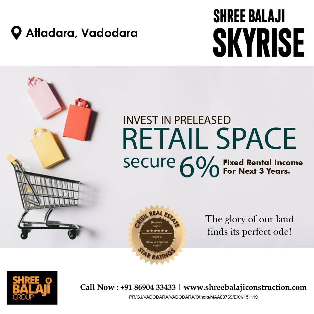 ShreeBalaji4919's tweet photo. The best Retail spaces in the vicinity of Atladara @ Shree Balaji Skyrise, Atladara.

- Retail space with Food Court | Cinema | Gaming Zone
- Showrooms &amp; Shops with 14 Ft height
- A 6 Star Crisil Rated Project

Shree Balaji Skyrise | 8690433433

#retail #shops #Luxury #property https://t.co/JgO0wEQkoc