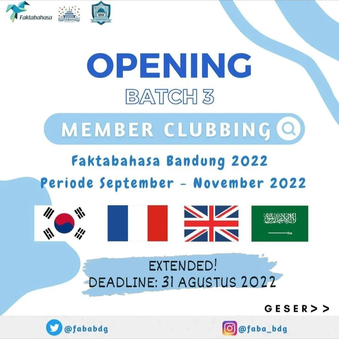 faktabahasa's tweet photo. Rekrutmen anggota Faktabahasa Bandung diperpanjang hingga 31 Agustus 2022.
Yuk daftar! https://t.co/7GXYI4OIBE https://t.co/oTk4YJhiv5