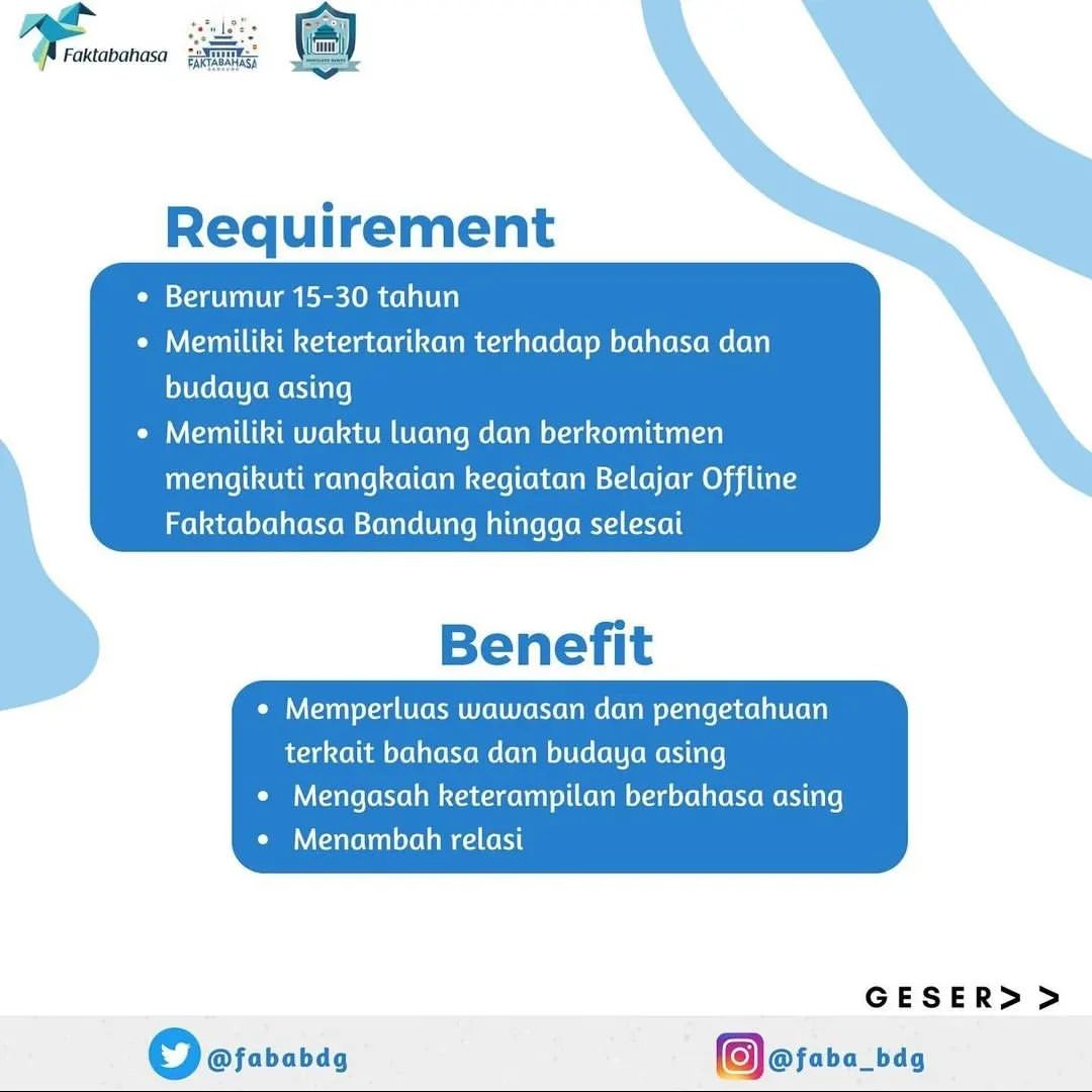 faktabahasa's tweet photo. Rekrutmen anggota Faktabahasa Bandung diperpanjang hingga 31 Agustus 2022.
Yuk daftar! https://t.co/7GXYI4OIBE https://t.co/oTk4YJhiv5