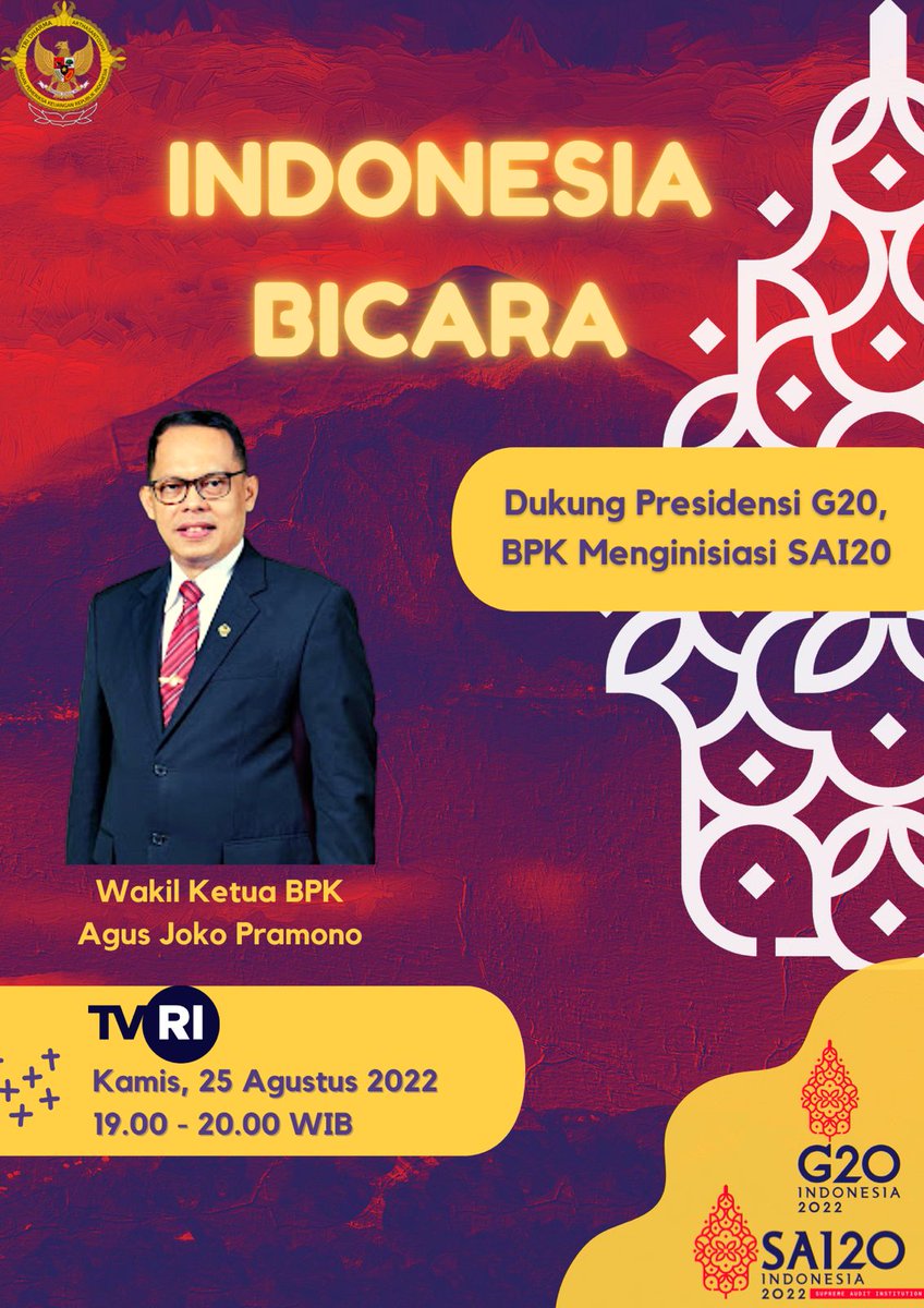 bpkrintb's tweet photo. BPKawan NTB,
Menjelang SAI20 Summit yang akan diselenggarakan di Bali, tanggal 29 s.d. 30 Agustus 2022, Wakil Ketua BPK RI, Agus Joko Pramono, akan mengulas bagaimana BPK RI menginisiasi terbentuknya engagement group SAI20, sebagai bentuk dukungan terhadap Presidensi G20. https://t.co/5PZCKurikM