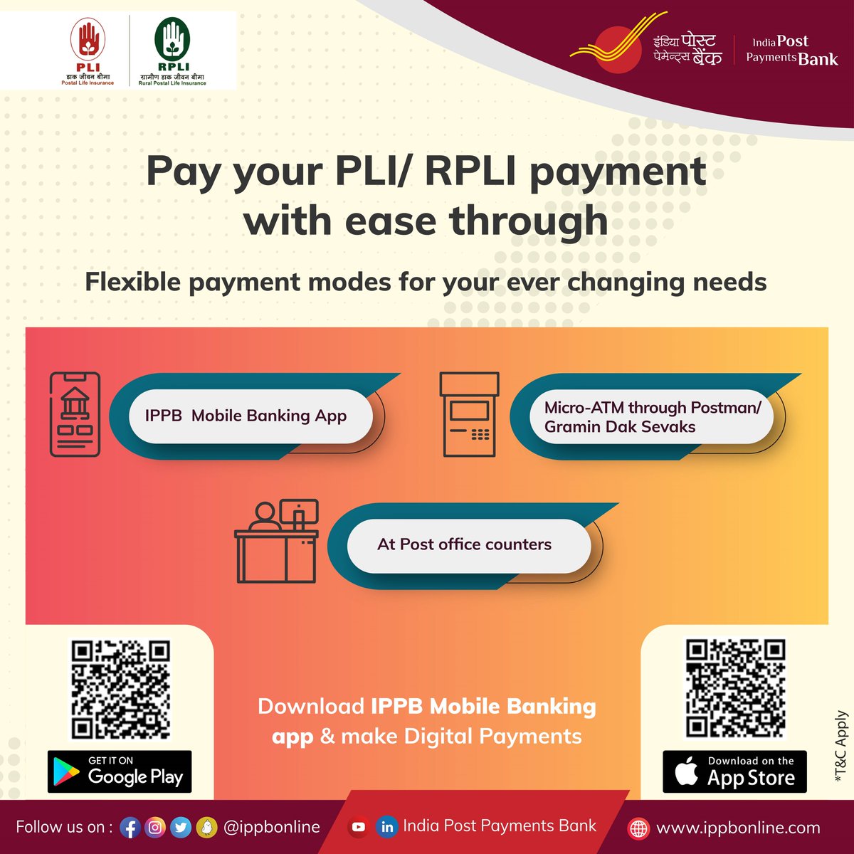 IPPBOnline's tweet photo. @IPPBOnline offers various mode of PLI/ RPLI premium payment. You can now make payments using our Mobile Banking App, with the help of your GDS/Postman or by visiting nearest Post office.
#Aapkabankaapkedwaar #Bankingatlastmile #PLIPaymentThroughIPPB #RPLIPaymentThroughIPPB https://t.co/ZhbgA8QShW
