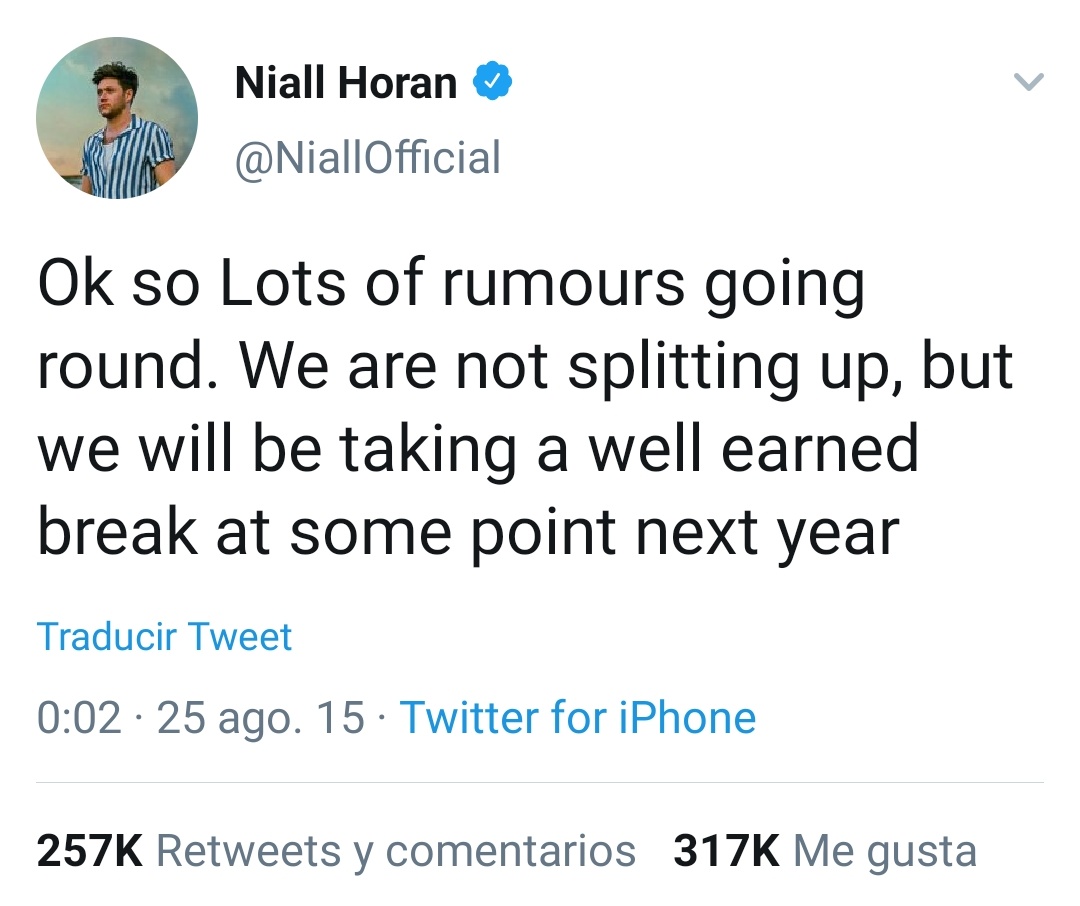⏪ | Hoy, hace 6 años (25 de Agosto del 2015), <a href="/Louis_Tomlinson/">Louis Tomlinson</a> y <a href="/NiallOfficial/">Niall Horan</a> nos aseguraban que el hiatus de <a href="/onedirection/">One Direction</a> sólo era un descanso (bien merecido) 🥺

Es cierto que está siendo más largo de lo que pensábamos, pero esperamos verles juntos de nuevo ♥️