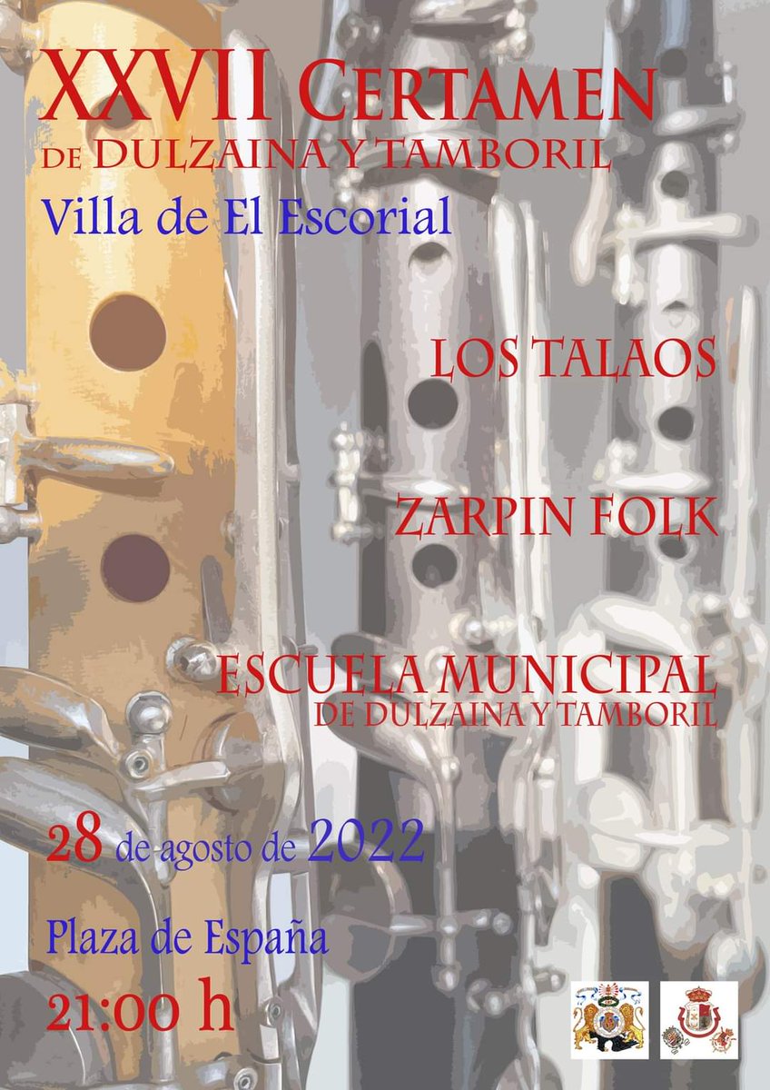 Domingo 28 de agosto  a las 21h en la Plaza de España de El Escorial, XXVII Certamen de #dulzaina y tamboril.
#musicatradicional #folklore