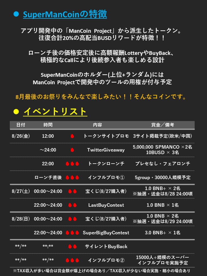 ManCoinBsc's tweet photo. #SuperManCoin #Giveaway #草コイン
【SuperManCoin Giveaway】

🔥Giveawayに参加して高額報酬をゲット！🔥

✅ルール
　・@ManCoinBsc、@ManCoinBscEN をフォロー
　・本ツイをRT＋💛
　・締切：8/26 24:00

✅賞金
　・A賞🏅5,000,000 SPMANCO × 2
　・B賞🏅10BUSD×3
　・発送：8/26 25:00頃 https://t.co/5jkvwblq9c