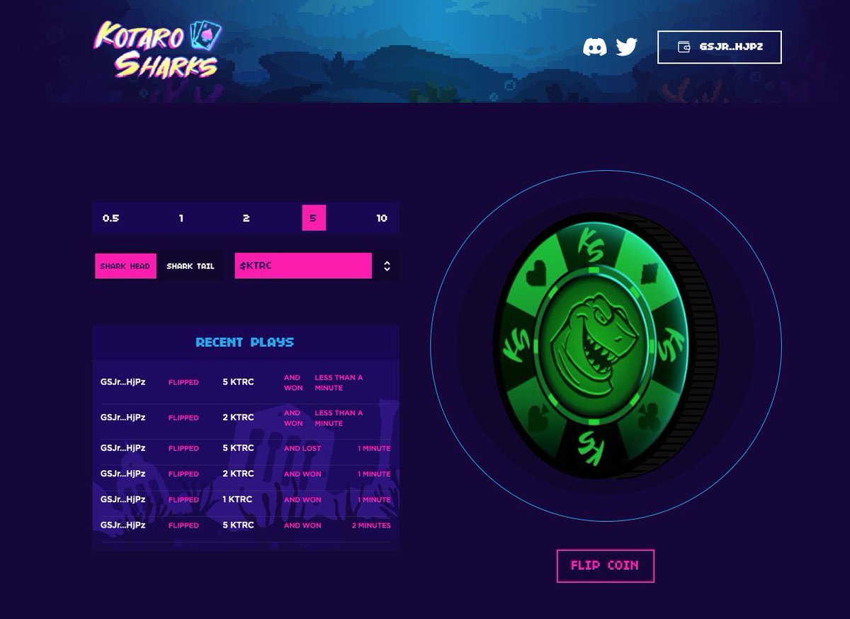 Our #coinflip has been called the best in solana by those that use it 

No depositing, no withdrawing, no wasting time 

coinflip.kotarosharks.io

Just click and play - the winnings are automatically sent to your wallet 

Bet - #Sol, #Dust, #KTRC 

Our crash is out tomorrow! 🔥🚀