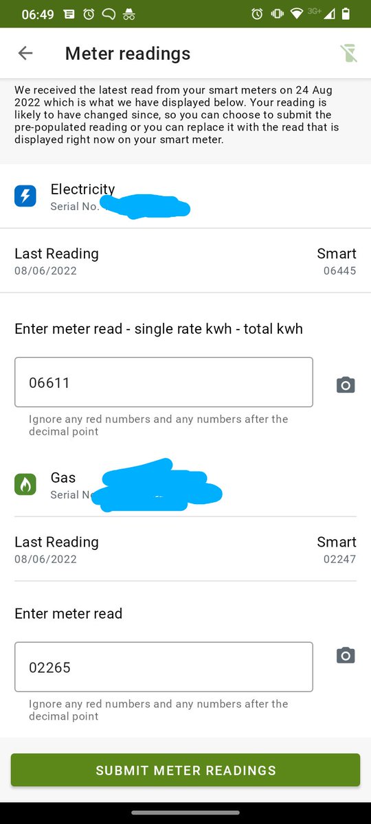 Gary_Carr's tweet photo. @SP_EnergyPeople good morning. See screenshot, the app says "we received the latest read from your smart meter on 24 Aug 2022 (today)" but then just below the last reading is dated 8th July. Can you tell me how to fix? Thanks https://t.co/EIe5h4PKmV