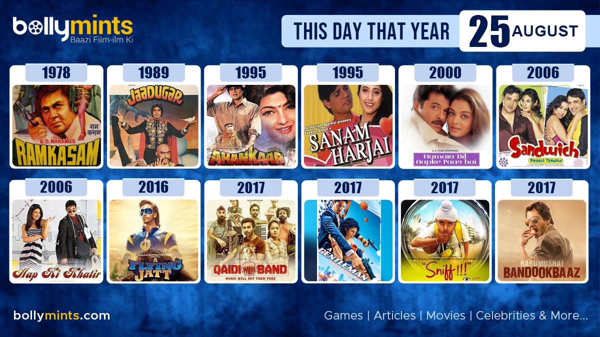 BollyMints's tweet photo. Here are the few #BollywoodMovies released on this day. Stay tuned at https://t.co/ohKmuyqHCy for #updates
#ThisDayThatYear #25August #RamKasam #Jaadugar #SanamHarjai #HamaraDilAapkePaasHai #AapKiKhatir #Sandwich #AFlyingJatt #QaidiBand #AGentleman #BabumoshaiBandookbaaz #Sniff https://t.co/1AhlUKNpjq