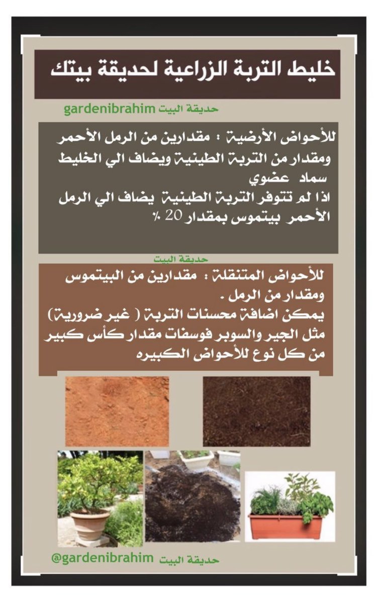 GardenIbrahim's tweet photo. من اعدادي : 
افضل خليط تربة زراعية لحديقة بيتك 

للأحواض الأرضية وللأحواض المتنقلة 

احتفظ بالنشرة وكبرها عند القراءة https://t.co/NRuqA1nonX