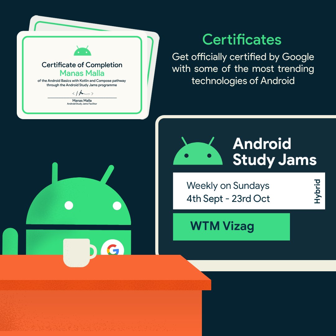 GdscLbce's tweet photo. Android Study Jams are community-organized 👨‍👩‍👧‍👦 study groups 📖 for people to learn how to build Android apps 📱, using curriculum provided by Google.

Join our WhatsApp Group: 
https://t.co/udZAVa2Ubl https://t.co/DYOFL2wWXU