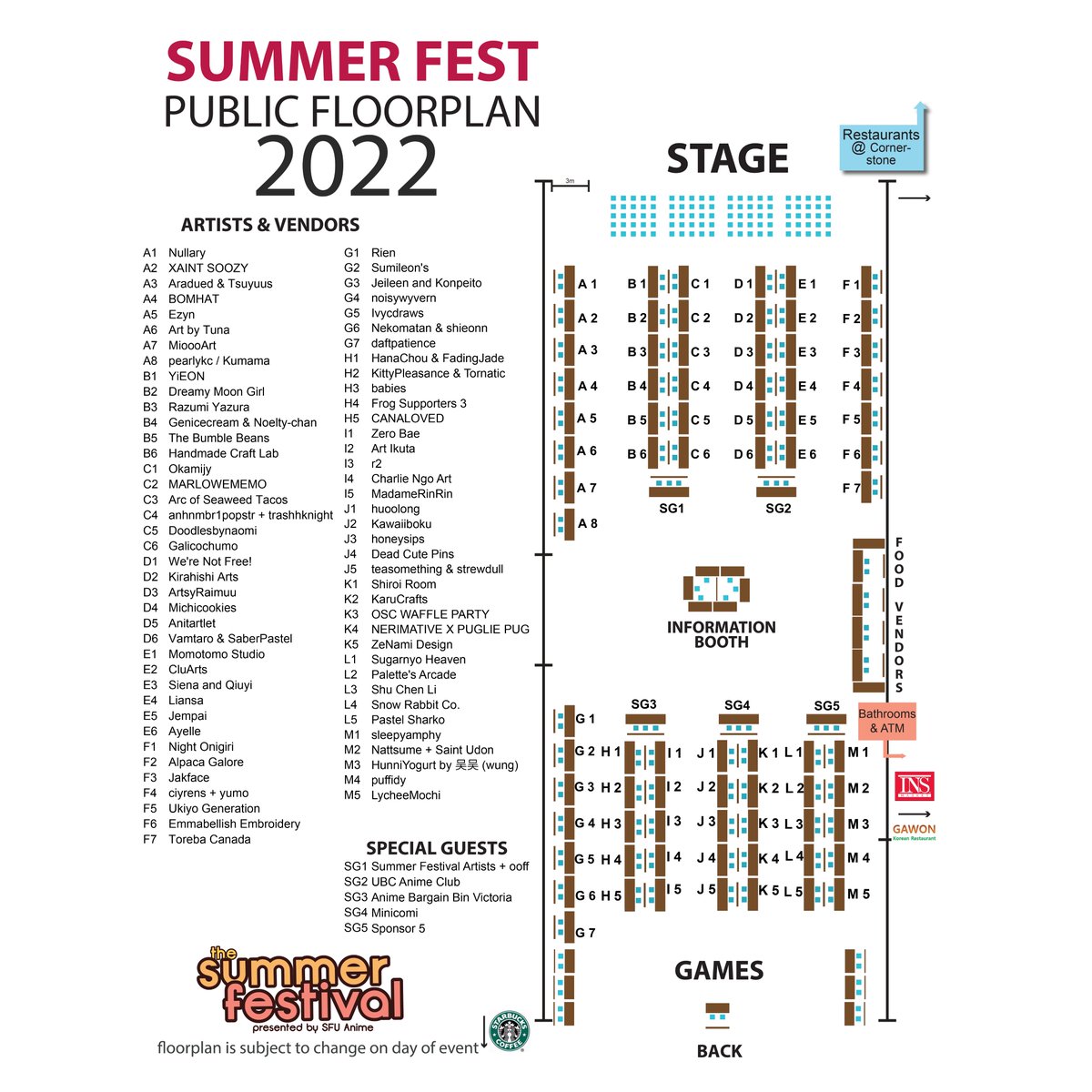 Hey everyone! With the Summer Festival coming up this Saturday, here’s our floor plan to help you find your favourite artist or vendor!

To learn more about every one of our wonderful artists and vendors, see here: sfusummerfestival.com/artist-alley

#sfusummerfest #sfuanime