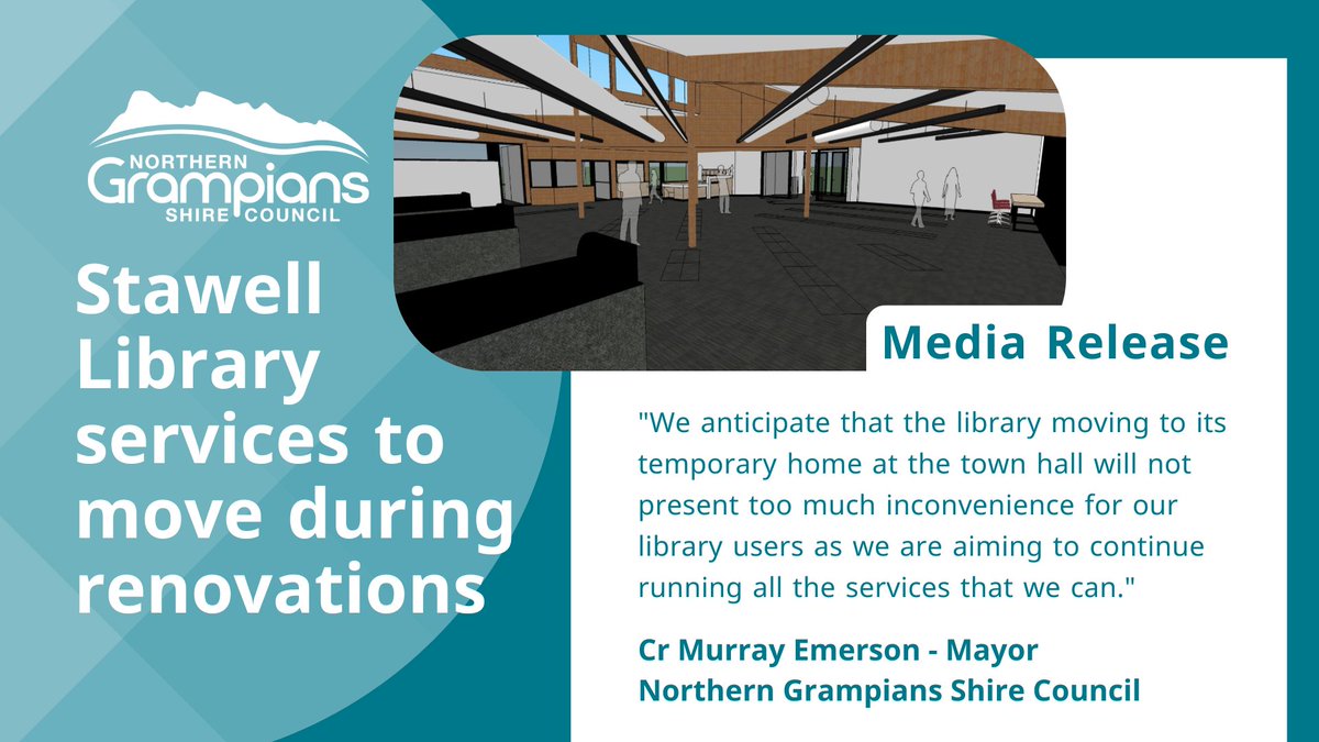 ngshire's tweet photo. 📢STAWELL LIBRARY TO MOVE TO TOWN HALL TEMPORARILY
Exciting news for the community 👏: Stawell Library refurbishment is set to commence. See our website Latest News👉 https://t.co/kU0pm3qya2 #LivingLibraries #Grampians #Stawell #Library #VicGov #LLIP https://t.co/81KMeaTPja