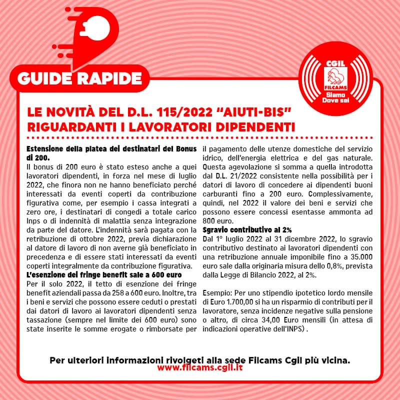 FilcamsSicilia's tweet photo. #GuideFilcams. “Aiuti-bis” le novità riguardanti i lavoratori dipendenti.
👉 Estensione platea dei destinatari del bonus #200euro;
👉 Esenzione del fringe benefit sale a 600 euro;
👉 Sgravio contributivo al 2%.
Per info e assistenza rivolgiti alla sede #FilcamsCgil più vicina. https://t.co/qq59Xpx0f7