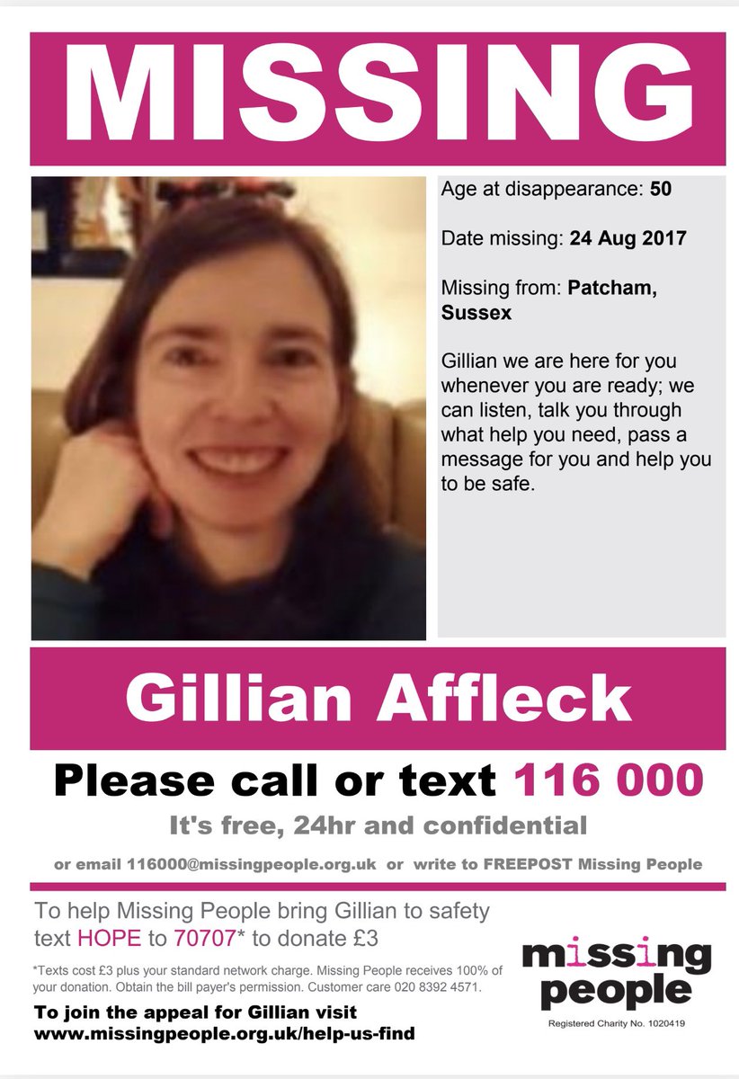 stcfcwomen's tweet photo. This weeks Missing People appeal is for Gillian Affleck who went missing on 24th August 2017 from Patcham. 

Gillian - @missingpeople are here for you whenever you are ready. 

#MoreThanJustAGame
#TeamMissing
@LSEWomensFl 
@CupelloCoaching 
@missingpeople https://t.co/agkJ9srtkR