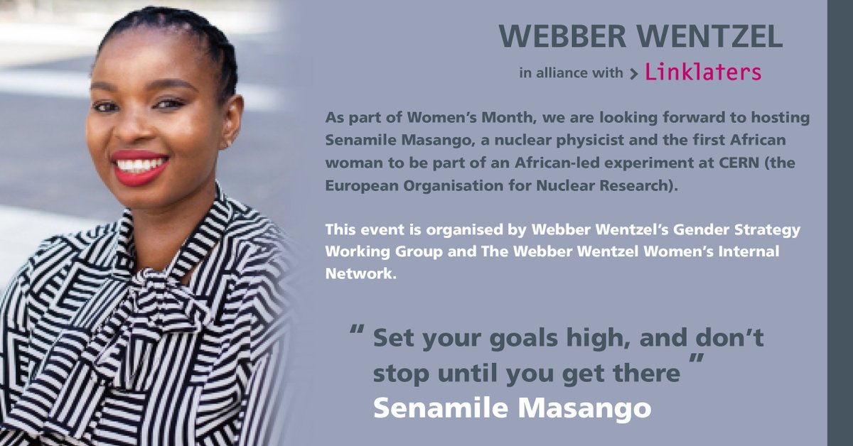 webberwentzel's tweet photo. As part of celebrating women's month, we look forward to hosting @SenamileMasango, a nuclear physicist and the first African woman to be part of an African-led experiment at CERN (the European Organisation for Nuclear Research).
#WWLN #WomensMonth #inspirationalwomen https://t.co/caSq0Qjr6k