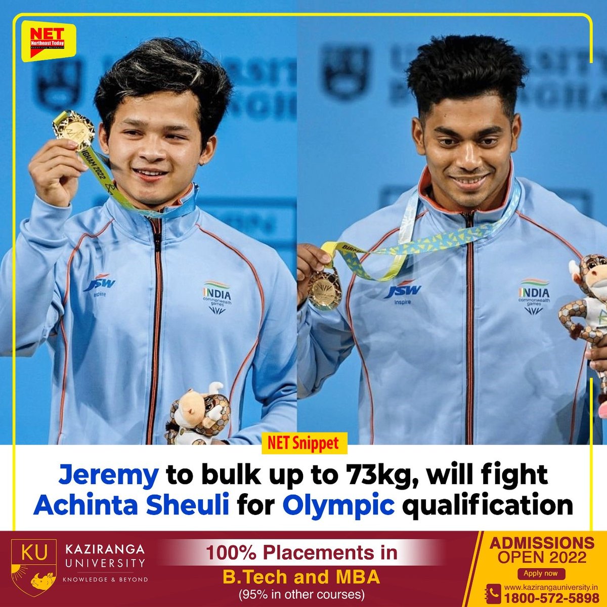 NortheastToday's tweet photo. #NETSnippet | Commonwealth Games gold medallist lifters Jeremy Lalrinnunga and Achinta Sheuli will clash for the lone 73kg spot in the Paris Olympics as the former’s 67kg doesn’t feature in the 2024 Games.

#OlympicQualification #Olympics #JeremyLalrinnunga #AchintaSheuli https://t.co/6R5N5yD48e