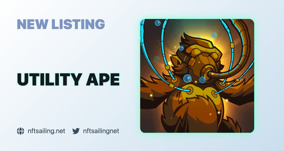 nftsailingnet's tweet photo. New listing: Utility Ape

➡️ https://t.co/H6KWy9YPqy

A collection of 4696 NFTs on Solana. Utility Ape aims to build an ecosystem focused on community, utility, and security.

Public mint on September 9th.

@utilityapeNFT #SolanaNFT #NFT #NFTdrop https://t.co/14FBkFznCW
