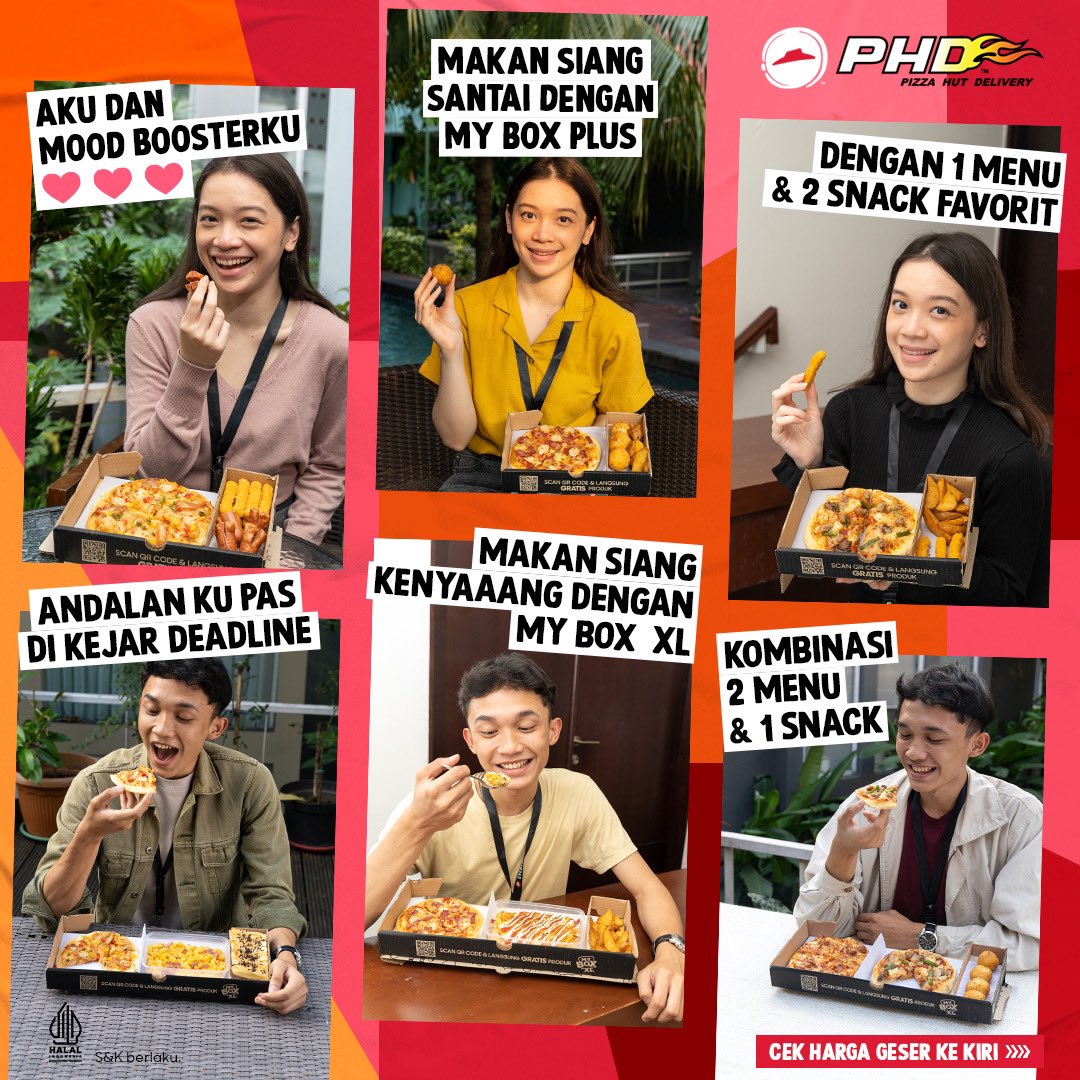 phd_id's tweet photo. My Box XL dan My Box Plus emang paling pas buat makan siang di kantor 🤩  Bisa mix and match Pizza/Pasta/Nasi dengan Snack favorit. Ayo pesan sekarang di Pizza Hut Indonesia!  #SenengnyadiPHDin #PizzaHutDelivery #MyBoxMixandMatchPHD #MakanSiangMyBox #LunchMyBox https://t.co/R5L5De5lDa