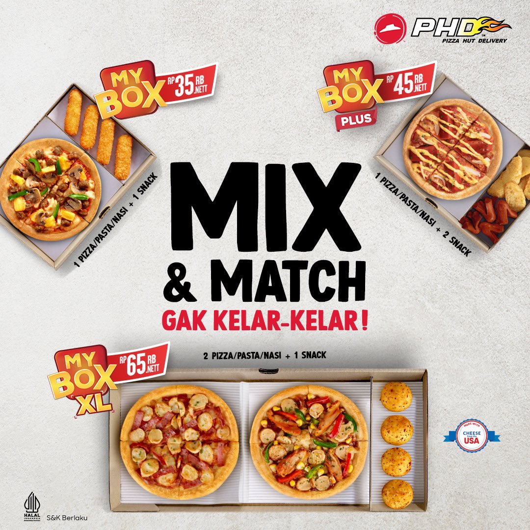phd_id's tweet photo. My Box XL dan My Box Plus emang paling pas buat makan siang di kantor 🤩  Bisa mix and match Pizza/Pasta/Nasi dengan Snack favorit. Ayo pesan sekarang di Pizza Hut Indonesia!  #SenengnyadiPHDin #PizzaHutDelivery #MyBoxMixandMatchPHD #MakanSiangMyBox #LunchMyBox https://t.co/R5L5De5lDa