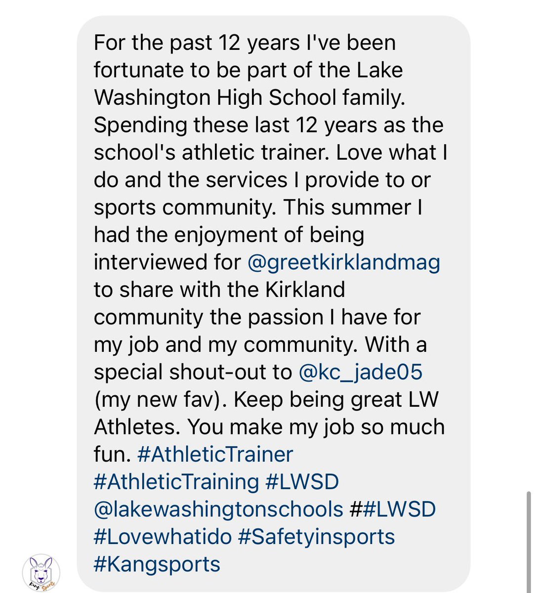 KangFootball's tweet photo. Huge shout out to our Athletic Trainer @kangsports Delaney Farmer for his article in a Kirkland Magazine.  Thanks for keeping our players safe and healthy! 
.
#GoKangs #aLWaysrising #GRIT #athletictrainer 🦘🏈⛑ https://t.co/JRcFNlFLWQ
