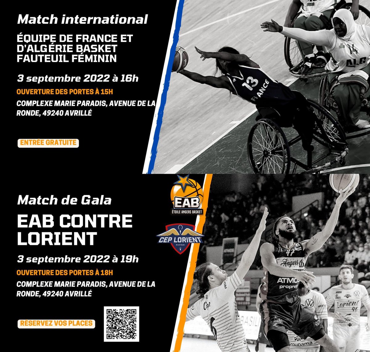 LaDalleAngevOFF's tweet photo. 🏀 Super samedi de 𝐛𝐚𝐬𝐤𝐞𝐭 le 3 septembre salle Marie Paradis à @avrille49 !

👉 16h, l'équipe de France de Basket Fauteuil féminin 🆚 l'Algérie

👉 19h, la Pro B de l'@EABasket49 en amical 🆚 Lorient https://t.co/ztbreuqFRp