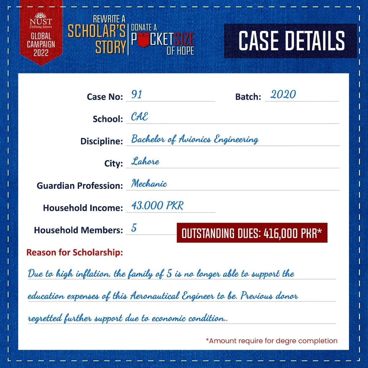 uaonust's tweet photo. ** Case 91 **
Give Aeronautical Engineer wings to fly!

Son of a Mechanic, from College of Aeronautical Engineering, NUST is looking for support in the final two steps.
.
.
#SupportAScholar #NEEDInitiative #ZeroOperationalHeaders #TaxCreditableGiving #ImpactOrientedGiving https://t.co/5gXQNJO6ob