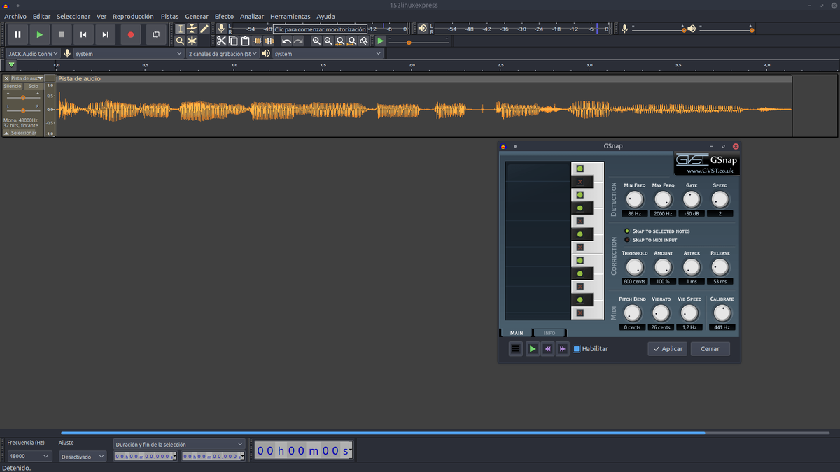podcastlinux's tweet photo. Probando #Autotune con #Gsnap en @getaudacity. 🎤
Después de que @yoyo308 lo utilizara en sus covers linuxeros, quería conocer cómo funciona.
Por cierto, mi voz ni la arregla autotune. 😂🤣😂🤣 https://t.co/vNntQUbtAg