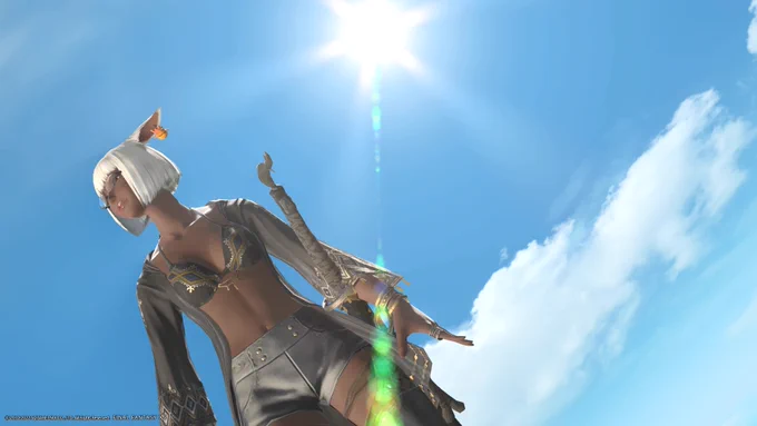FF14、無人島開拓。歩きで登れる一番高いところまで来てみたら、ちょうど朝日が昇る時間だったので撮影パシャリ!天気が良い日はここで撮影するの良さそう!綺麗な青空だし!! #PS4share 