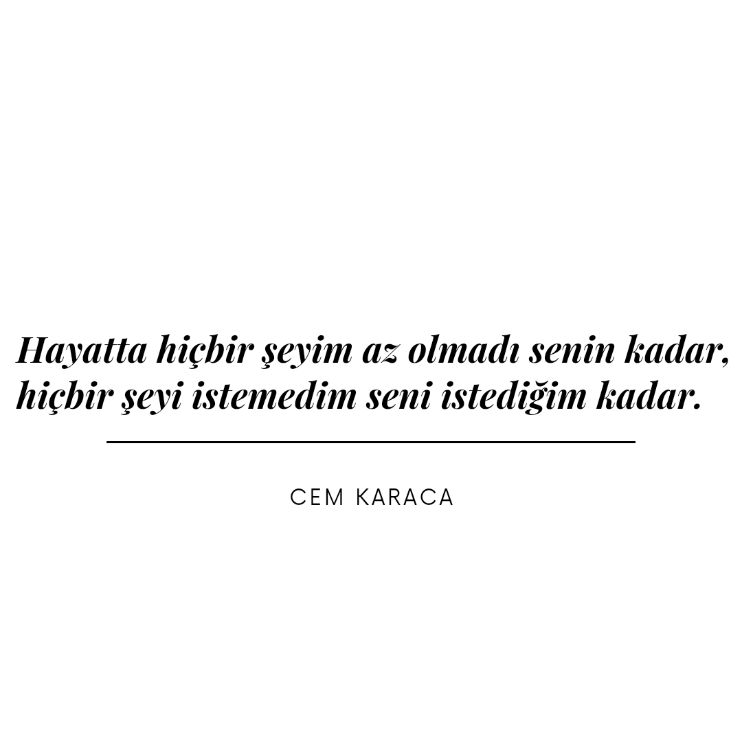 Hayatta hiçbir şeyim az olmadı senin kadar, hiçbir şeyi istemedim seni istediğim kadar.
Cem Karaca