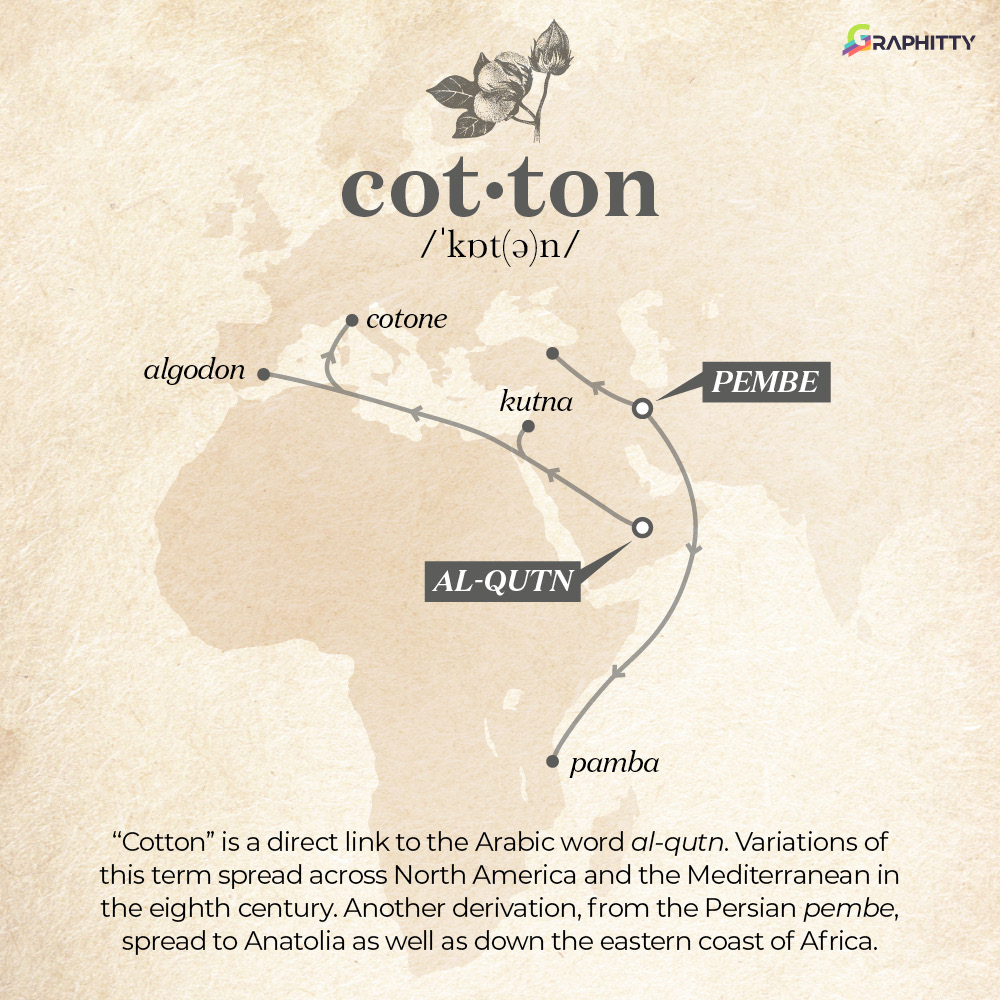 Graphityy1's tweet photo. Throughout #history, when exotic goods travelled to new regions, their native names hitch-hiked with them. Charting the flow of some along #global trade routes. #wordsOfMouth #languages https://t.co/RcT8Qzc0N6