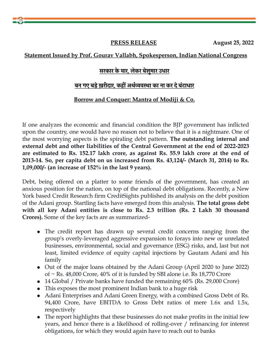 INCSandesh's tweet photo. Press Release 
August 25, 2022

Statement Issued by Prof. Gourav Vallabh, Spokesperson, Indian National Congress. https://t.co/7FdJBBlS3c
