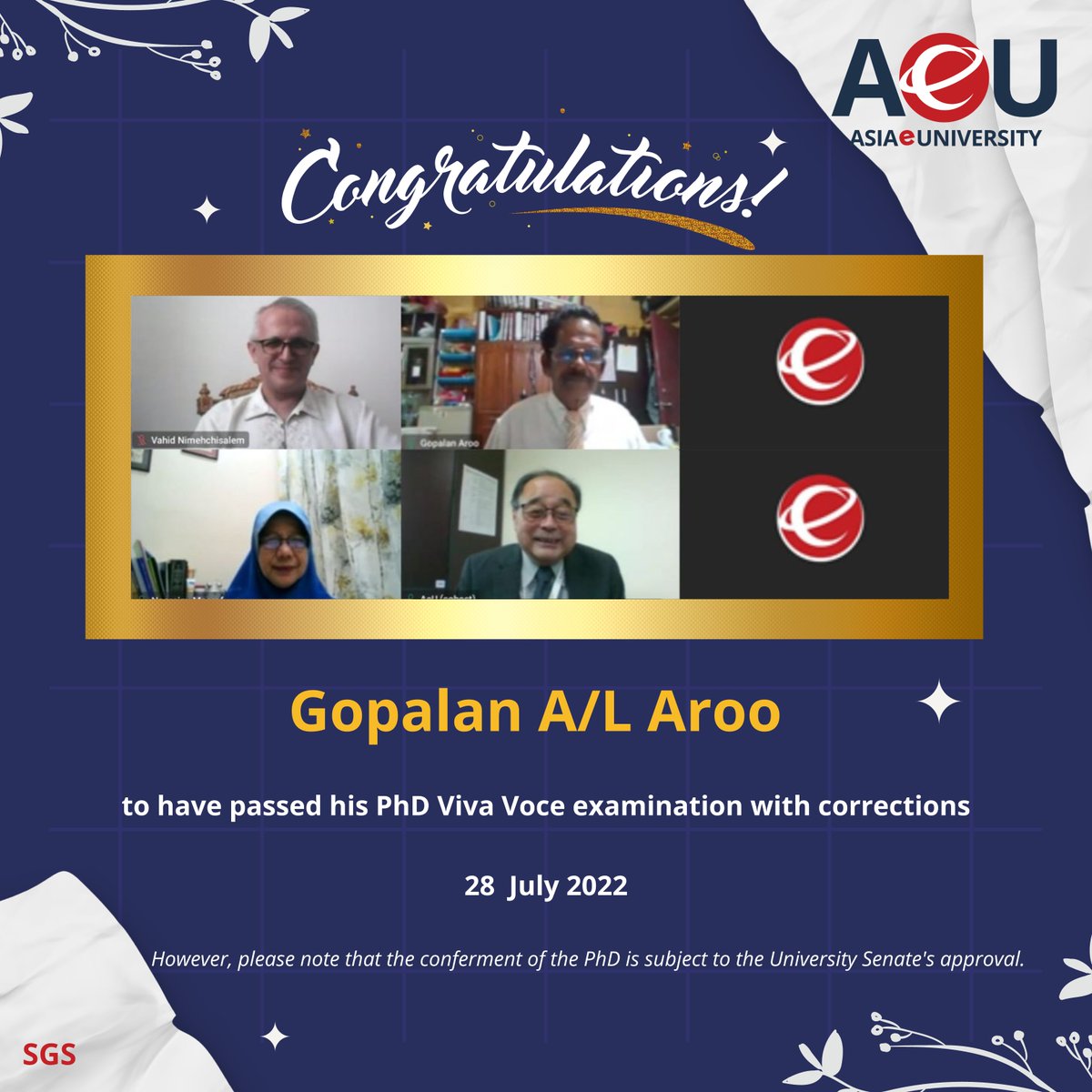 asiaeuniversity's tweet photo. Congratulations to Gopalan A/L Aroo to have passed his PhD Viva Voce examination with corrections on 28 July 2022 (Thursday).

However, please note that the conferment of the PhD is subject to the University Senate's approval.

#AsiaeUniversity
#SchoolofGraduateStudies
#vivavoce https://t.co/s99SvhiceG