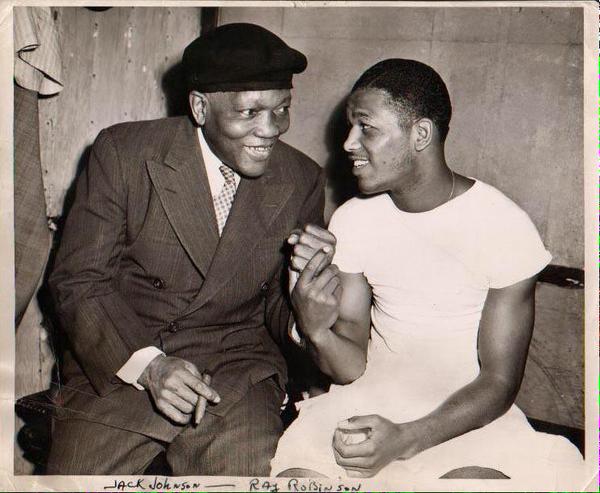 BoxingHistory's tweet photo. Jack Johnson, the first Black heavyweight champion, and "Sugar" Ray Robinson, 1944. https://t.co/zs9XNZqSg2