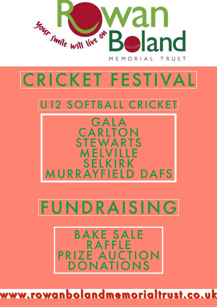 Gala Cricket Club (@gala_cricket) on Twitter photo This Sunday we host our annual <a href="/RowansTrust/">Rowan Boland Memorial Trust</a> Cricket Festival starting at 10am 🏏⭐️
We will be welcoming team from <a href="/SelkirkCC/">SelkirkCC</a>, <a href="/CarltonCricket/">Carlton CC</a>, <a href="/StewMelCC/">Stewart’s Melville Cricket Club</a> & <a href="/MDAFS/">Murrayfield DAFS CC</a> for what is set to be another cracking day in the junior calendar! This Sunday we host our annual <a href="/RowansTrust/">Rowan Boland Memorial Trust</a> Cricket Festival starting at 10am 🏏⭐️
We will be welcoming team from <a href="/SelkirkCC/">SelkirkCC</a>, <a href="/CarltonCricket/">Carlton CC</a>, <a href="/StewMelCC/">Stewart’s Melville Cricket Club</a> & <a href="/MDAFS/">Murrayfield DAFS CC</a> for what is set to be another cracking day in the junior calendar!