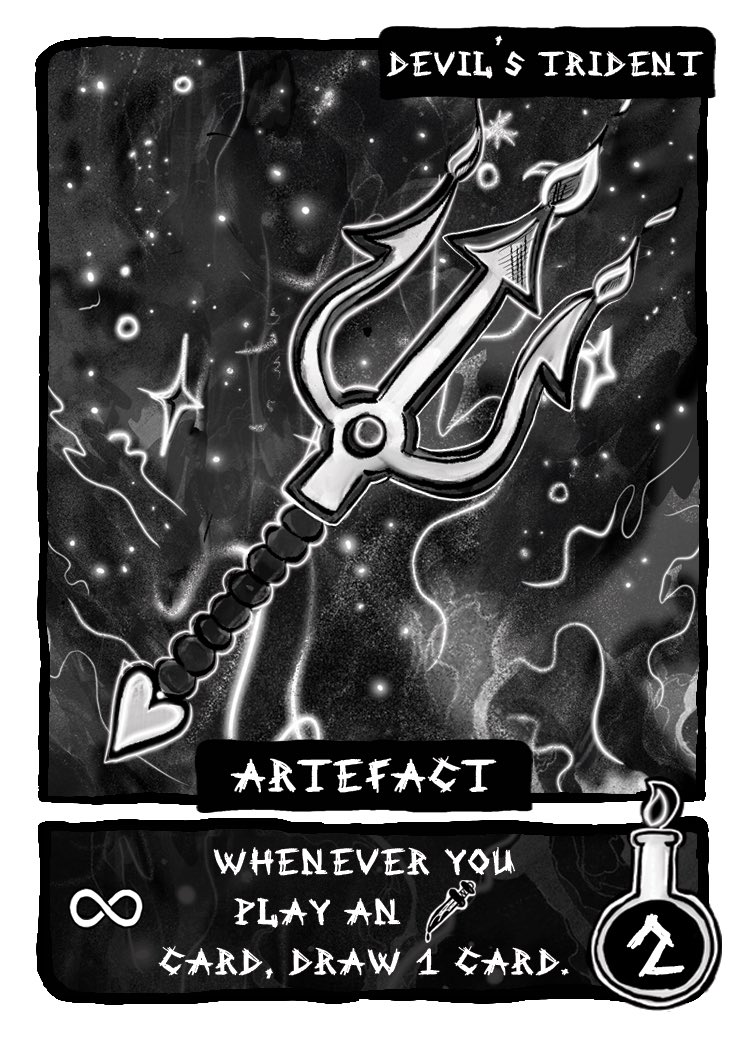 I would love to share with you Kickstarter exclusive promo cards and a new type of card - Aretefacts. We won't go over the rules just yet for these cards, but are excited to share two new cards that will now be in the game, The Devil Cat and Devil's  trident 🔱🖤✨🐈‍⬛🌙