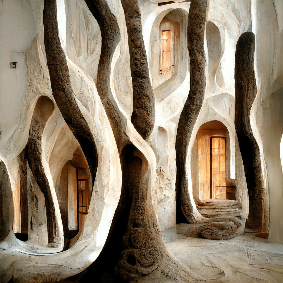 Pablo_Doh's tweet photo. Architectural AI. Art. My vision and prompts included - Architectural style of Gaudi, organic tree roots with bone texture, weaving upwards, deep set reveals.. commands included —ar 16:16 &amp; —q 2 https://t.co/sgSFKbpszo