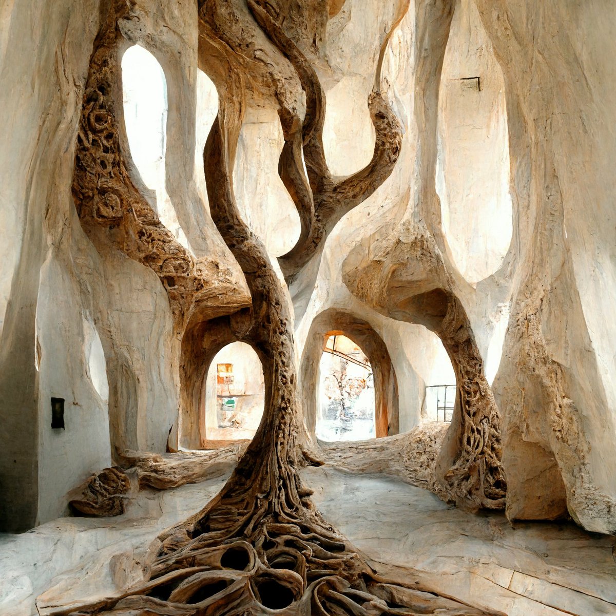 Pablo_Doh's tweet photo. Architectural AI. Art. My vision and prompts included - Architectural style of Gaudi, organic tree roots with bone texture, weaving upwards, deep set reveals.. commands included —ar 16:16 &amp; —q 2 https://t.co/sgSFKbpszo