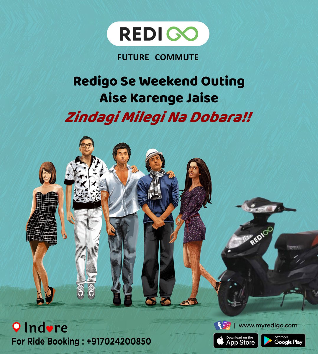 MyRedigo's tweet photo. #Redigo se weekend outing
     Aise karege jaise 
Zandagi milegi na dobara 
#redigo e-bike

OUR STATIONS
● #Satya Sai
● #Vijay Nagar
● #Bhawarkua https://t.co/TaeQ9XDdHE
