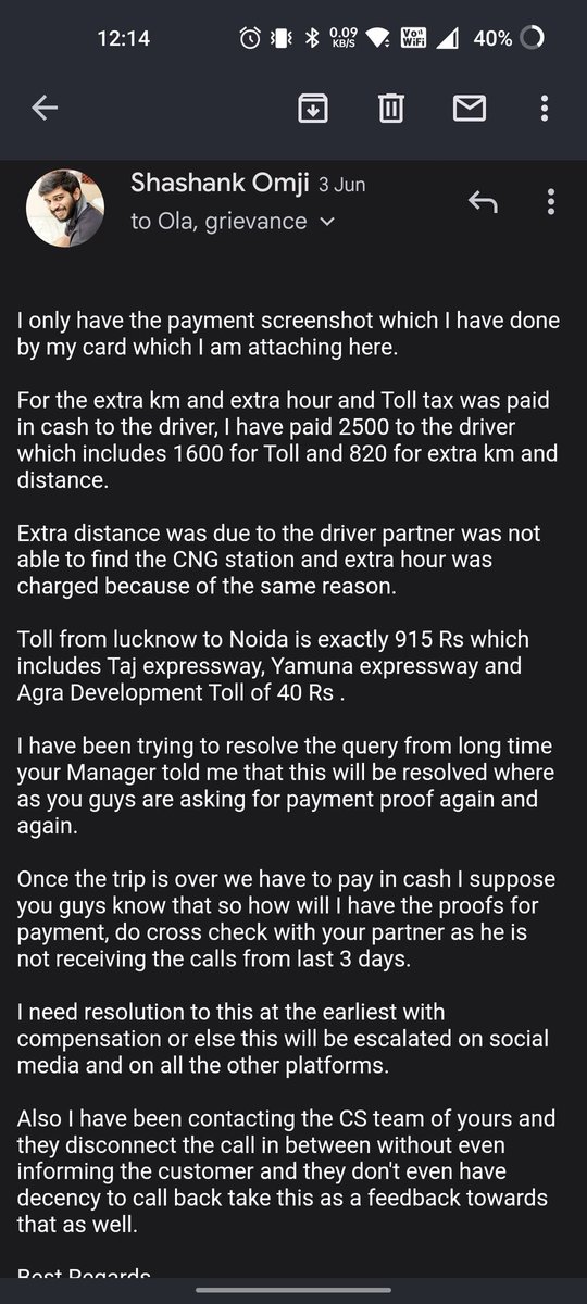 ShashankOmji's tweet image. This is in reference to the complaint which was raised few months back, still no luck on that ! Hope it gets resolved at the earliest! 
@Olacabs #chargedextra #resolutionneeded