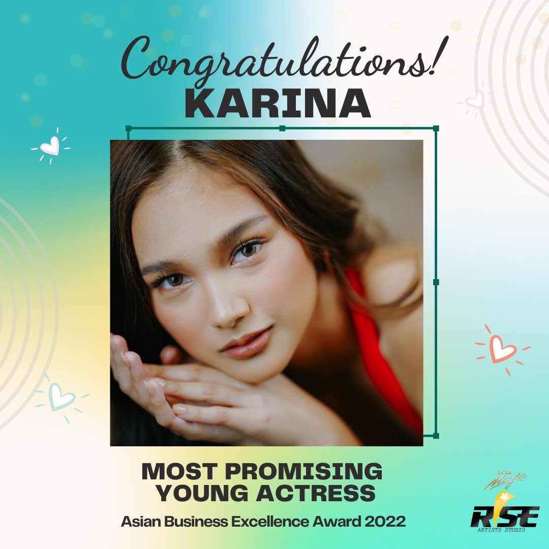 riseartistsph's tweet photo. Ginalingan ni Karina, iba talaga 👏🥳🤩

Congrats @MissKareee for winning the MOST PROMISING ACTRESS in the Asian Business Excellence Award 2022. 

We are very proud of you! 🎉🎉 https://t.co/5uAExaLZma