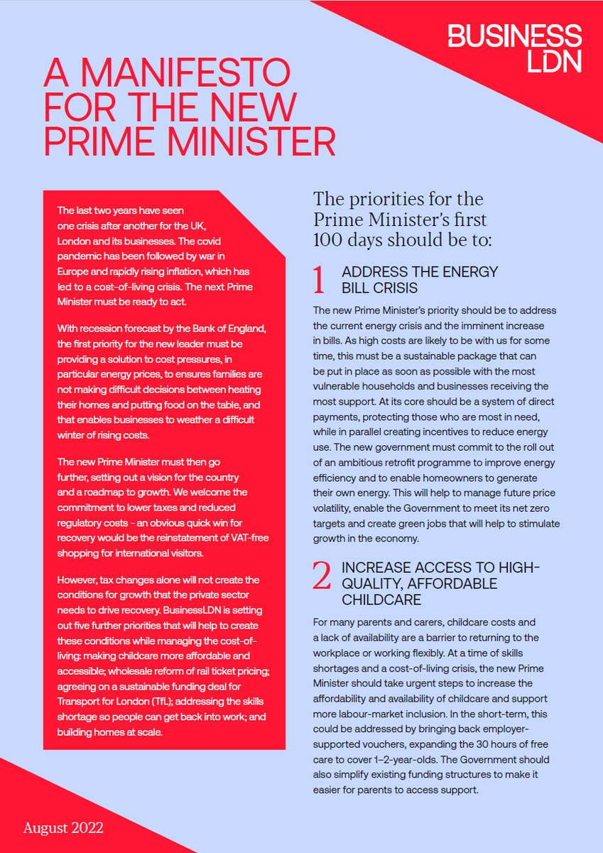 _BusinessLDN's tweet photo. 🆕🚨 Our MANIFESTO for the future Prime Minister 

Today we have published a new manifesto outlining quick yet radical interventions a new Prime Minister should make to help the UK swerve the forecast recession. 

CC: @trussliz @RishiSunak 

👉https://t.co/rJvVStLY4h https://t.co/mtNII774ex