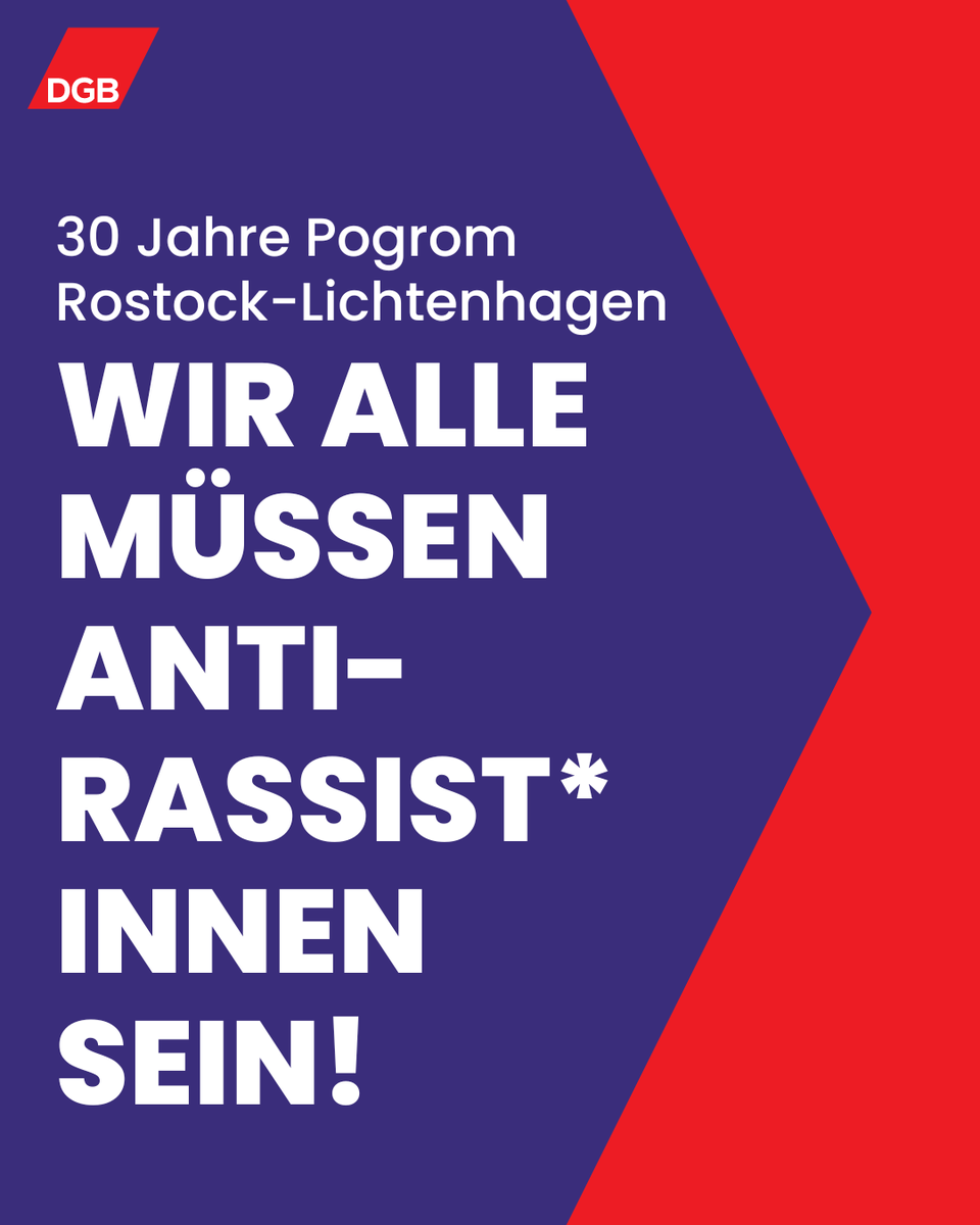 Vor 30 Jahren brannte das #Sonnenblumenhaus in #Rostock-Lichtenhagen. Statt die Menschen darin zu schützen, bejubelten Tausende die Attacken der Rassist*innen. Als Gewerkschafter*innen kämpfen wir für eine Gesellschaft, in der endlich niemand mehr solche Taten fürchten muss. #DGB
