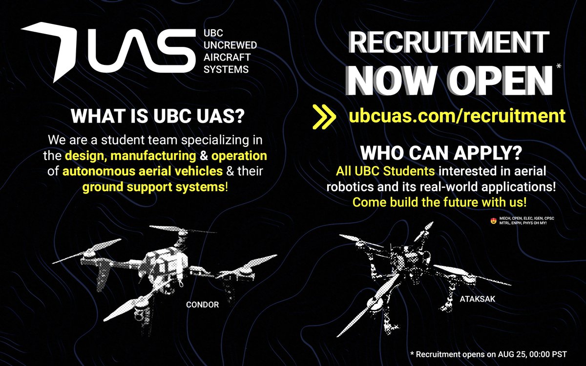 ubcuas's tweet photo. 🤓 Now accepting your ✨PROFESSIONAL✨ résumés!  Show us what you’ve got tonight! 😎

https://t.co/nH2914Xw7N

#drone #uav #ubc #uas #vancouver https://t.co/LPfk826X5D