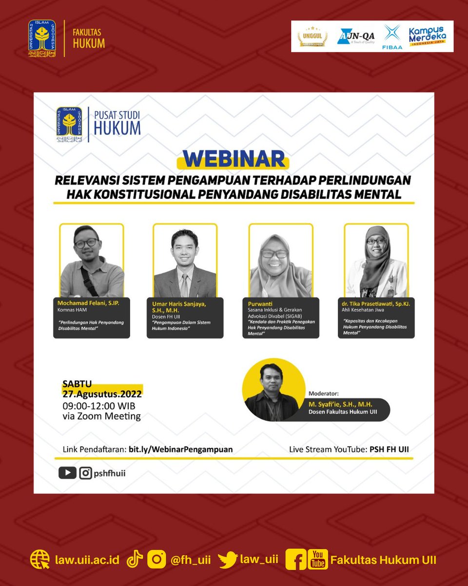 law_uii's tweet photo. Webinar Nasional

“Relevansi Sistem Pengampuan Terhadap Perlindungan Hak Konstitusional Penyandang Disabilitas Mental”

#WebinarNasional
#FHUII
#UIIYogyakarta https://t.co/w8fZa2XdbW