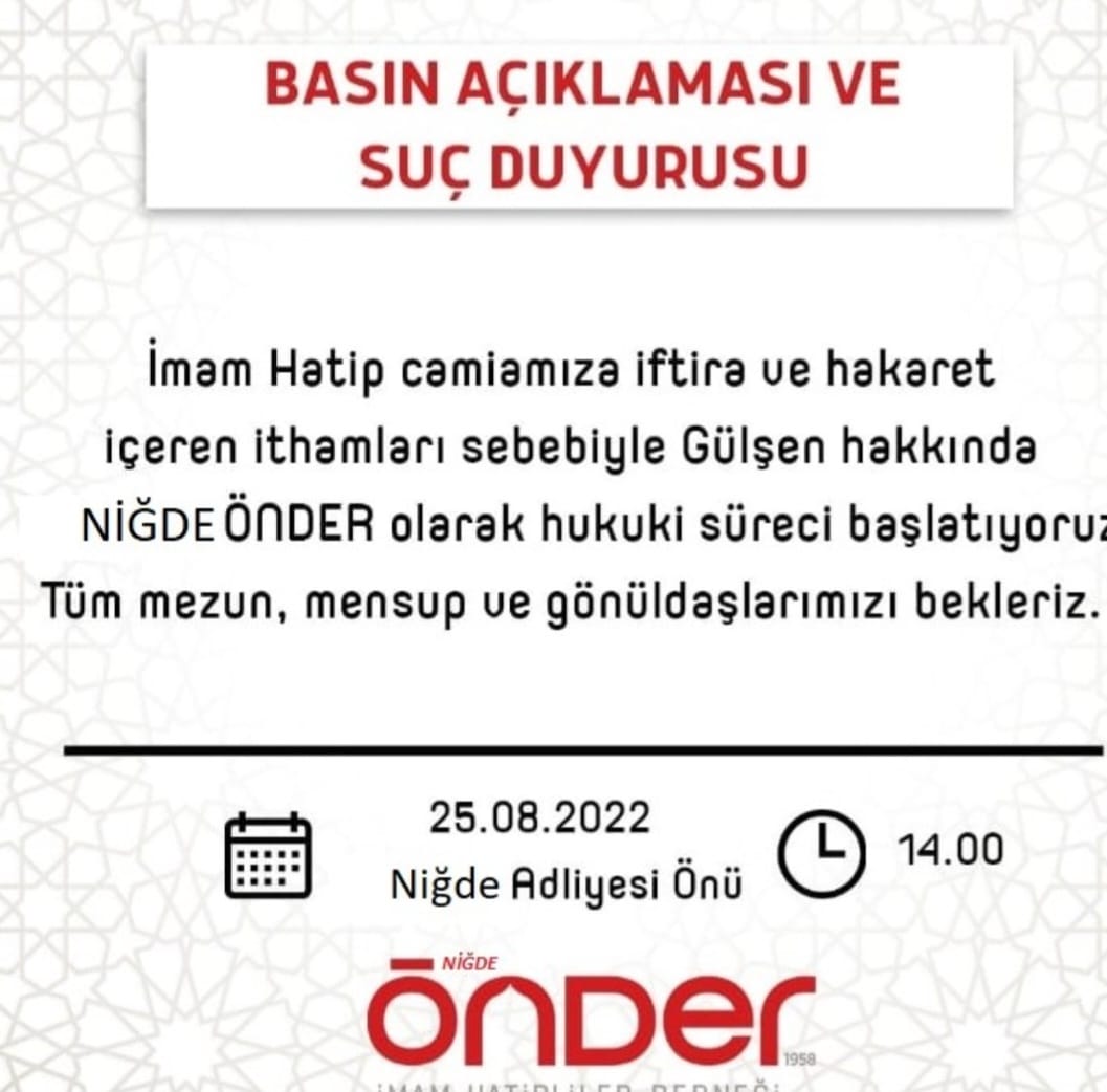 İmam Hatip camiamıza iftira ve hakaret içeren ithamları sebebiyle Gülşen hakkında hukuki süreci başlatıyoruz..

Tüm mezun, mensup ve gönüldaşlarımızı bekliyoruz..